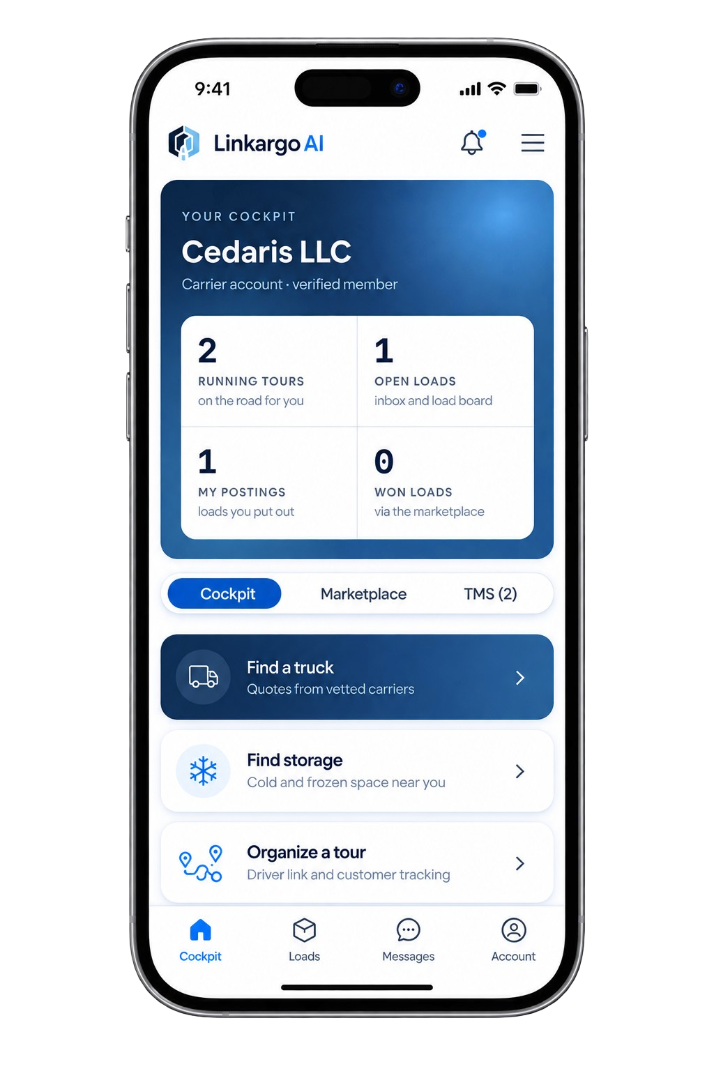 The Linkargo carrier cockpit on a phone: running tours, open loads, and the handles to find a truck, find cold storage or organize a tour.